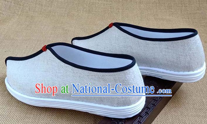 Traditional Chinese Beige Linen Monk Shoes Handmade Multi Layered Cloth Shoes Martial Arts Shoes for Men