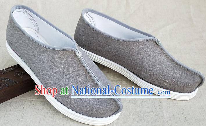 Traditional Chinese Grey Linen Monk Shoes Handmade Multi Layered Cloth Shoes Martial Arts Shoes for Men