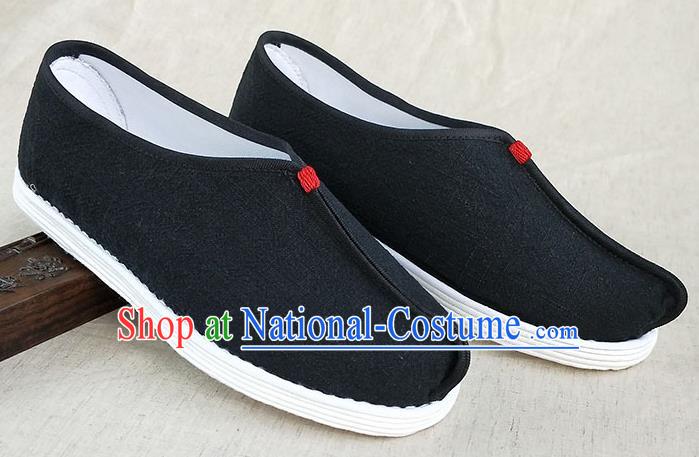 Traditional Chinese Black Linen Monk Shoes Handmade Multi Layered Cloth Shoes Martial Arts Shoes for Men