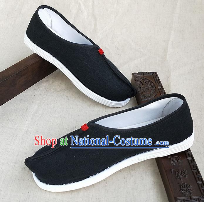 Traditional Chinese Black Linen Monk Shoes Handmade Multi Layered Cloth Shoes Martial Arts Shoes for Men