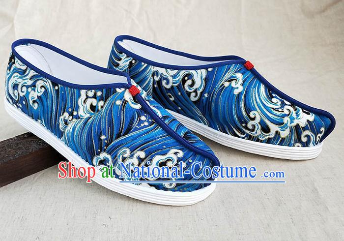 Traditional Chinese Printing Wave Blue Shoes Handmade Multi Layered Cloth Shoes Martial Arts Shoes for Men