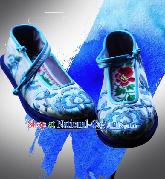 Traditional Chinese Blue Embroidered Shoes Handmade Hanfu Shoes Ancient Princess Shoes for Women