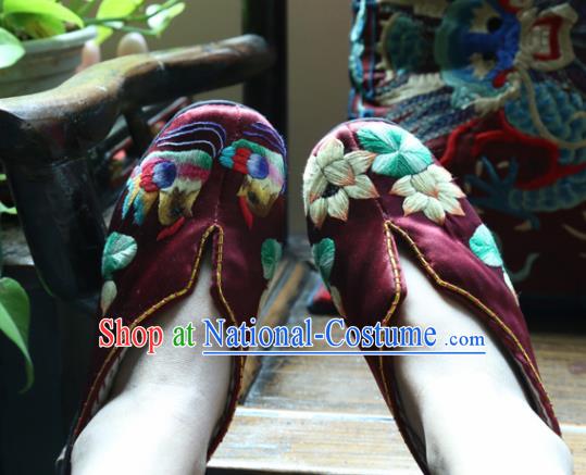 Traditional Chinese Embroidered Lotus Purplish Red Shoes Handmade Hanfu Shoes Ancient Princess Shoes for Women