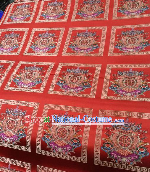 Asian Chinese Traditional Buddhism Eight Treasures Pattern Design Red Brocade Fabric Tibetan Robe Silk Material