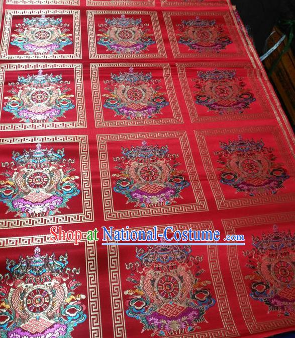 Asian Chinese Traditional Buddhism Implement Pattern Design Red Brocade Fabric Tibetan Robe Silk Material