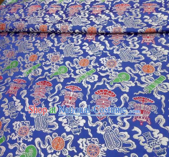 Asian Chinese Buddhism Traditional Eight Treasures Pattern Design Blue Brocade Fabric Tibetan Robe Silk Material