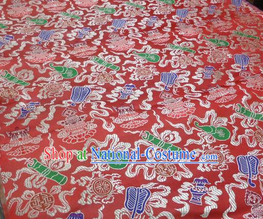 Asian Chinese Buddhism Traditional Eight Treasures Pattern Design Red Brocade Fabric Tibetan Robe Silk Material