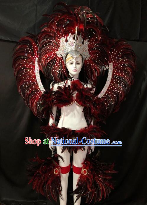 Customized Halloween Samba Dance Red Feather Costume Brazil Parade Wings Backboard and Headpiece for Women