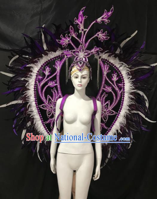 Customized Halloween Samba Dance Purple Feather Props Brazil Parade Wings Backboard and Headpiece for Women