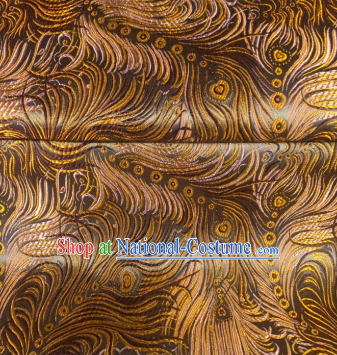 Asian Chinese Traditional Feather Pattern Design Brown Brocade Fabric Cheongsam Silk Material