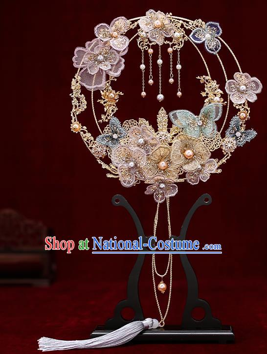 Chinese Traditional Wedding Prop Lace Flowers Palace Fans Ancient Bride Round Fan for Women