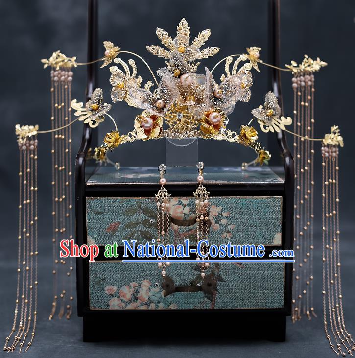 Top Chinese Traditional Golden Tassel Phoenix Coronet Wedding Bride Handmade Hairpins Hair Accessories Complete Set