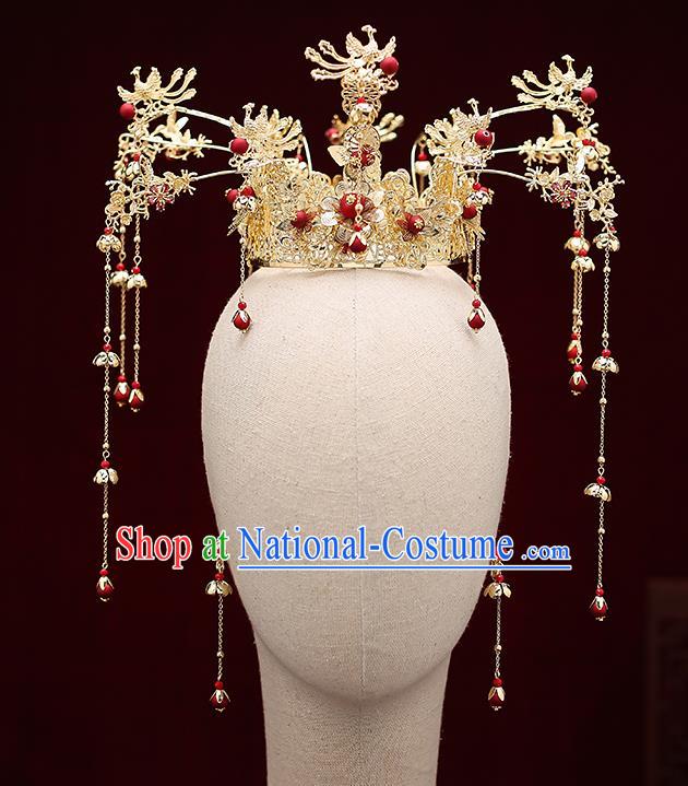 Top Chinese Traditional Red Beads Tassel Phoenix Coronet Wedding Bride Handmade Hairpins Hair Accessories Complete Set