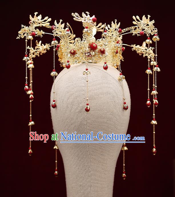 Top Chinese Traditional Red Beads Tassel Phoenix Coronet Wedding Bride Handmade Hairpins Hair Accessories Complete Set