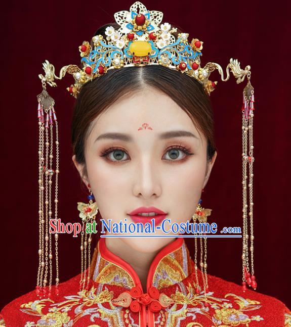 Top Chinese Traditional Blue Hair Crown Wedding Bride Handmade Hairpins Hair Accessories Complete Set