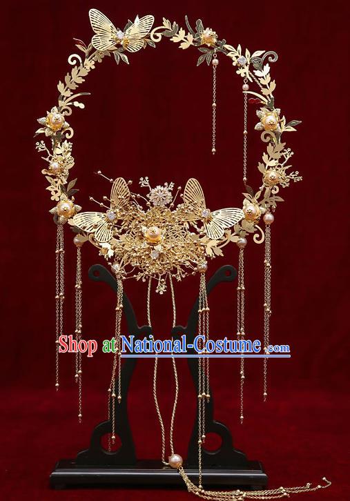 Chinese Traditional Wedding Golden Butterfly Fan Ancient Bride Palace Fans for Women