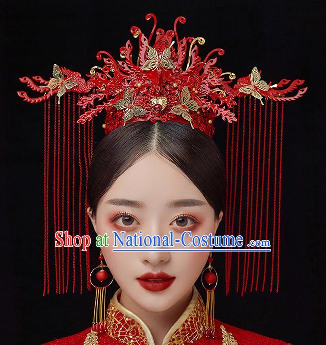 Top Chinese Traditional Red Tassel Phoenix Coronet Wedding Bride Handmade Hairpins Hair Accessories Complete Set