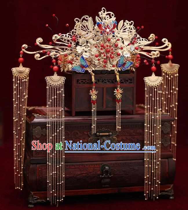 Top Chinese Traditional Blueing Butterfly Phoenix Coronet Wedding Bride Handmade Hairpins Hair Accessories Complete Set