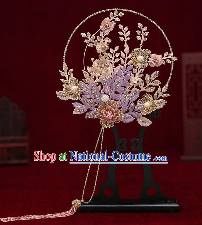 Chinese Traditional Wedding Prop Purple Leaf Palace Fans Ancient Bride Round Fan for Women