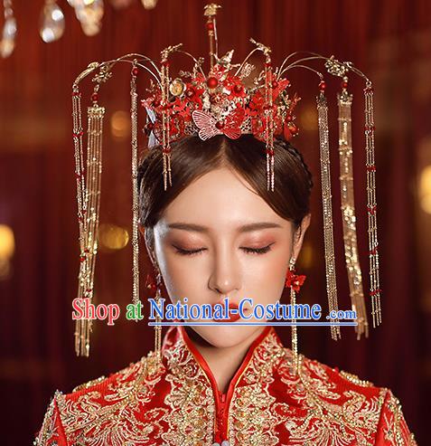 Top Chinese Traditional Bride Red Butterfly Hair Crown Handmade Wedding Tassel Hairpins Hair Accessories Complete Set