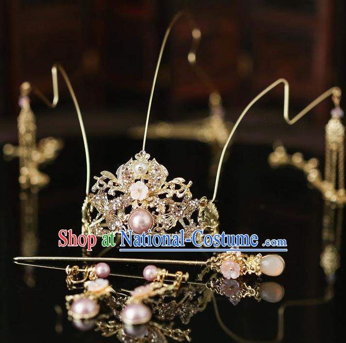 Top Chinese Traditional Bride Golden Dragonfly Hair Crown Handmade Wedding Tassel Hairpins Hair Accessories Complete Set