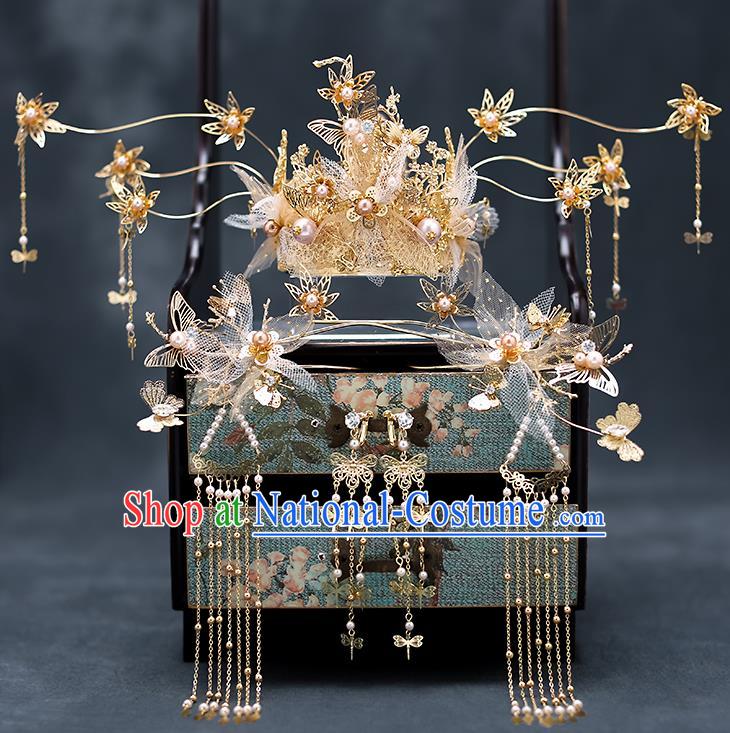 Top Chinese Traditional Silk Flowers Phoenix Coronet Wedding Bride Handmade Hairpins Hair Accessories Complete Set