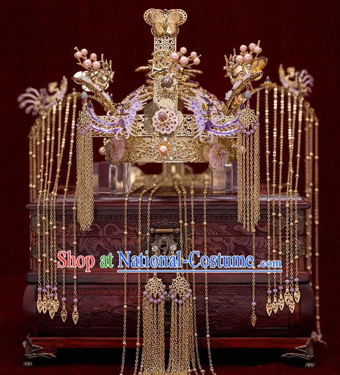 Top Chinese Traditional Bride Golden Phoenix Coronet Handmade Wedding Tassel Hairpins Hair Accessories Complete Set