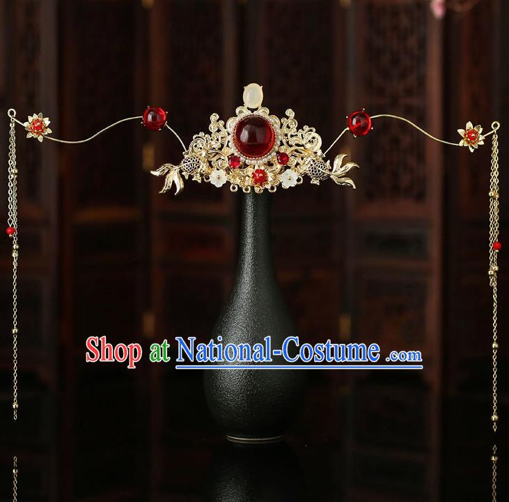 Top Chinese Traditional Bride Garnet Hair Crown Handmade Wedding Tassel Hairpins Hair Accessories Complete Set