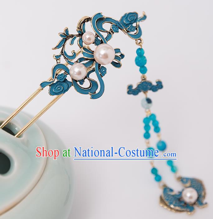 Top Chinese Traditional Blue Fishes Hair Clip Handmade Hanfu Tassel Hairpins Hair Accessories for Women