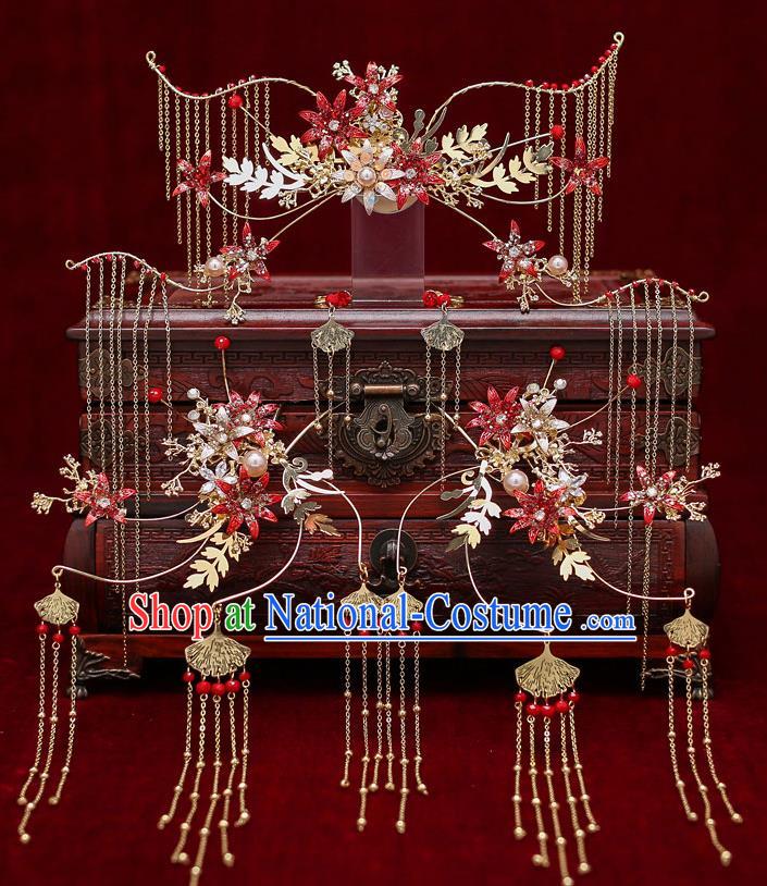 Top Chinese Traditional Bride Red Flowers Tassel Phoenix Coronet Handmade Wedding Tassel Hairpins Hair Accessories Complete Set