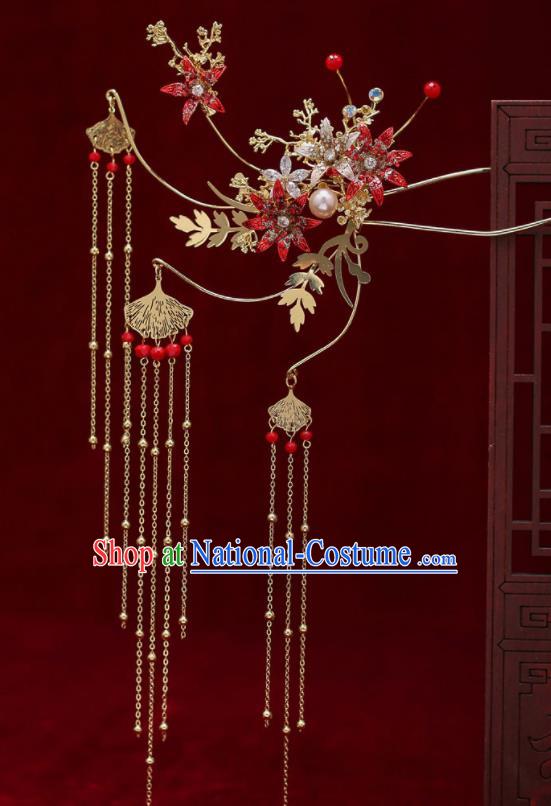 Top Chinese Traditional Bride Red Flowers Tassel Phoenix Coronet Handmade Wedding Tassel Hairpins Hair Accessories Complete Set