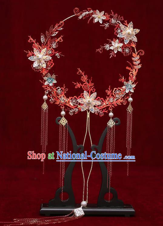 Chinese Traditional Wedding Red Branch Round Fan Ancient Bride Palace Fans for Women