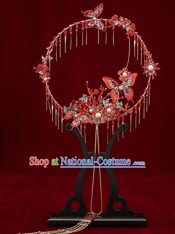 Chinese Traditional Wedding Red Butterfly Round Fan Ancient Bride Palace Fans for Women