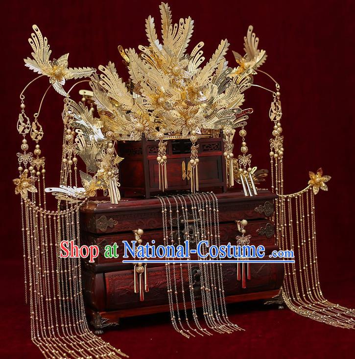 Top Chinese Traditional Court Bride Golden Tassel Phoenix Coronet Handmade Wedding Tassel Hairpins Hair Accessories Complete Set