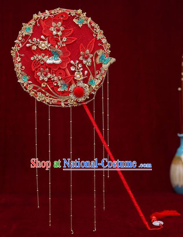 Chinese Traditional Wedding Long Handle Red Round Fan Ancient Bride Palace Fans for Women