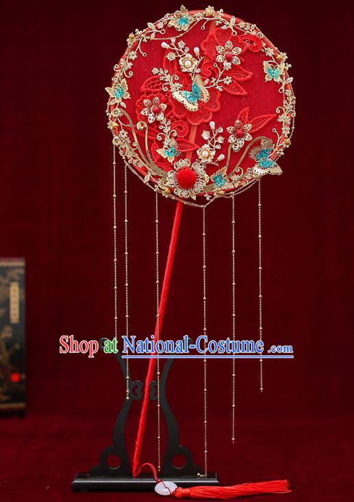 Chinese Traditional Wedding Long Handle Red Round Fan Ancient Bride Palace Fans for Women