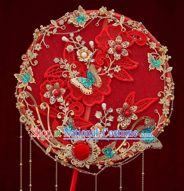 Chinese Traditional Wedding Long Handle Red Round Fan Ancient Bride Palace Fans for Women