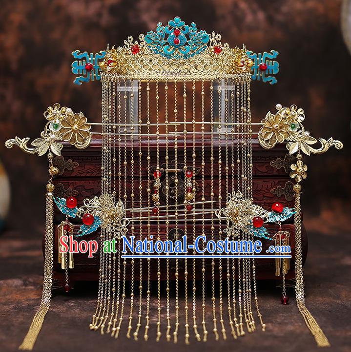 Top Chinese Traditional Court Bride Cloisonne Phoenix Coronet Handmade Wedding Tassel Hairpins Hair Accessories Complete Set