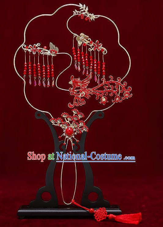 Chinese Traditional Wedding Red Pine Tassel Round Fan Ancient Bride Palace Fans for Women