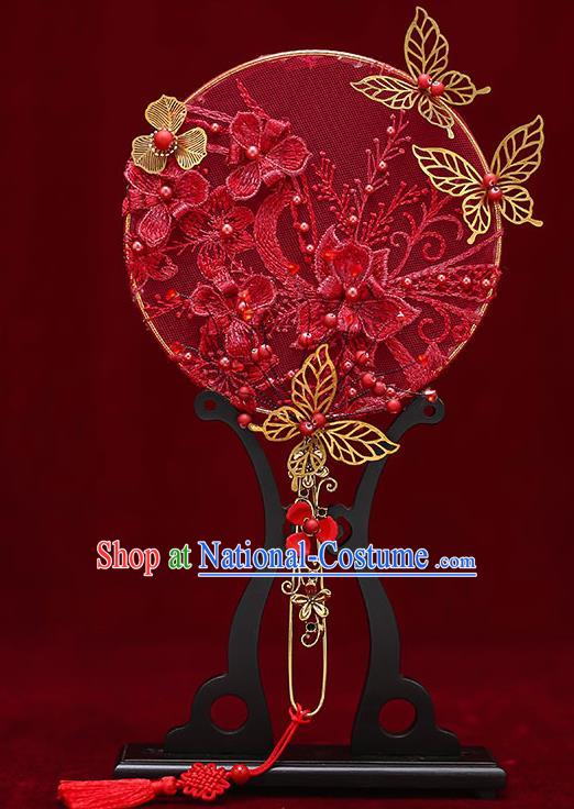 Chinese Traditional Wedding Red Lace Flowers Round Fan Ancient Bride Palace Fans for Women