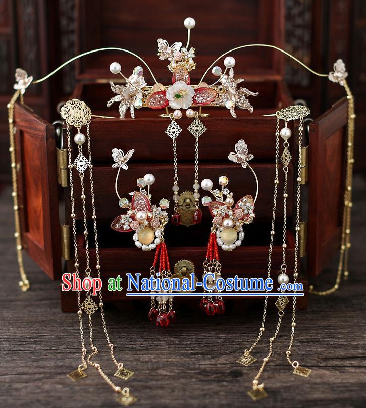 Top Chinese Traditional Bride Tassel Hair Crown Handmade Hairpins Wedding Hair Accessories Complete Set