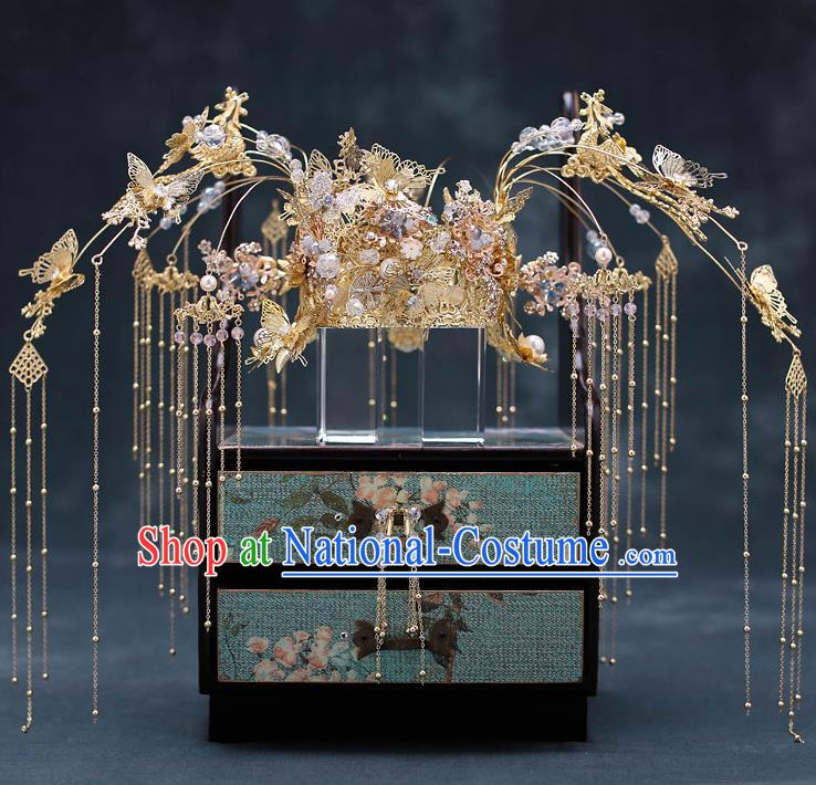 Top Chinese Traditional Bride Golden Butterfly Tassel Phoenix Coronet Handmade Wedding Tassel Hairpins Hair Accessories Complete Set