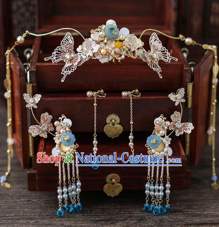 Top Chinese Traditional Bride Tassel Hair Crown Handmade Hairpins Wedding Hair Accessories Complete Set