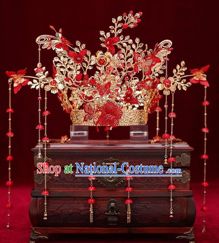 Top Chinese Traditional Bride Golden Hair Crown Handmade Hairpins Wedding Hair Accessories Complete Set