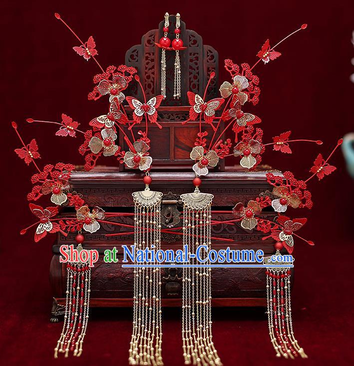 Top Chinese Traditional Bride Red Pine Butterfly Hair Comb Handmade Hairpins Wedding Hair Accessories Complete Set