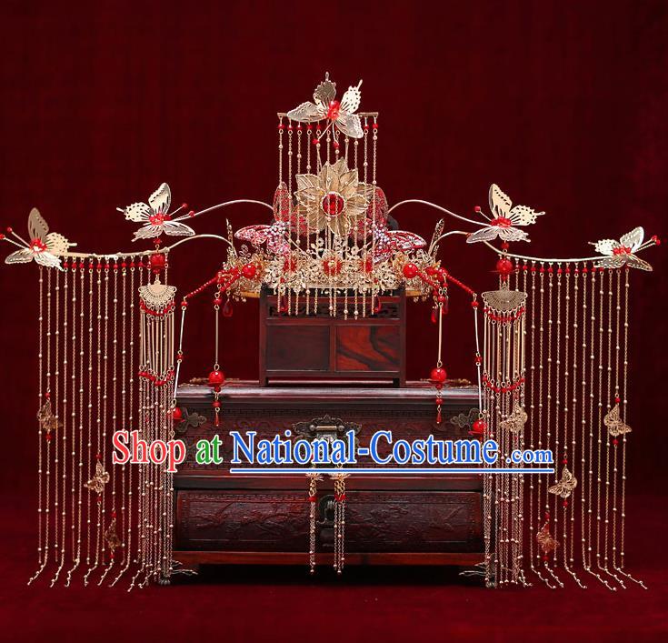 Top Chinese Traditional Bride Lotus Phoenix Coronet Handmade Hairpins Wedding Hair Accessories Complete Set