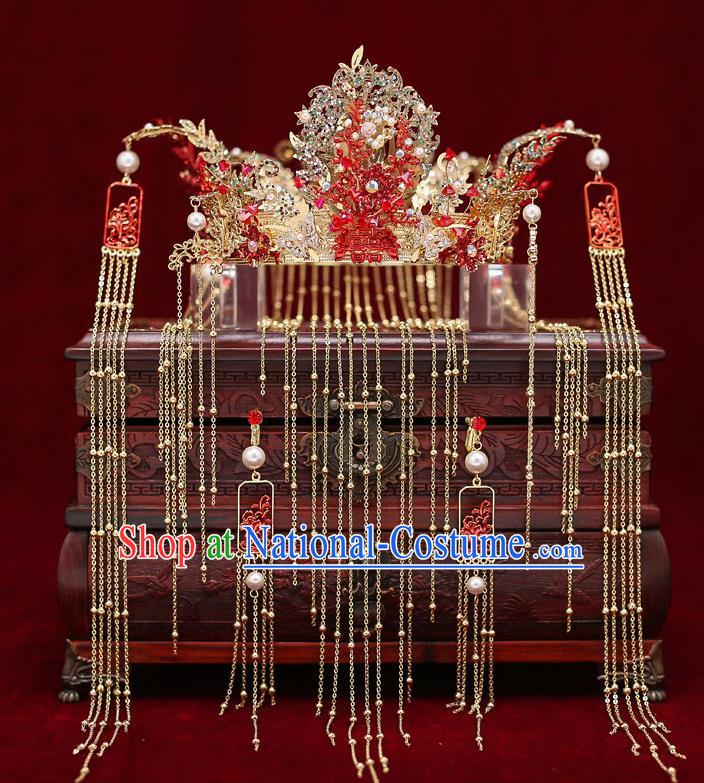 Top Chinese Traditional Bride Phoenix Coronet Handmade Hairpins Wedding Hair Accessories Complete Set