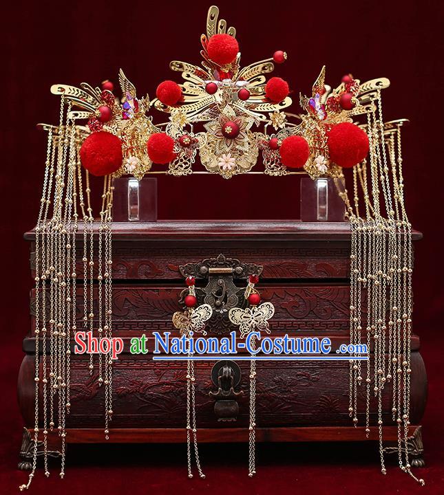 Top Chinese Traditional Bride Red Venonat Tassel Phoenix Coronet Handmade Wedding Tassel Hairpins Hair Accessories Complete Set