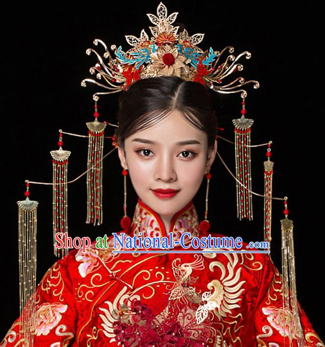 Top Chinese Traditional Bride Red Beads Tassel Phoenix Coronet Handmade Hairpins Wedding Hair Accessories Complete Set