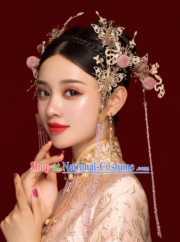 Top Chinese Traditional Bride Pink Venonat Tassel Hair Claws Handmade Hairpins Wedding Hair Accessories Complete Set